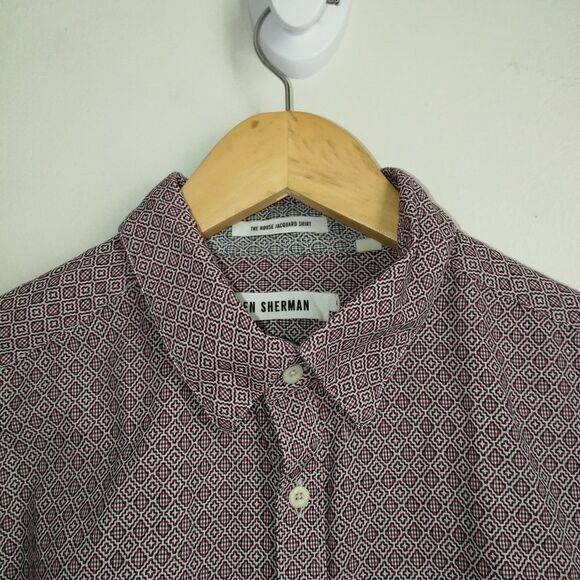 MEN BEN SHERMAN the House Jacquard Red Cotton Button Front Shirt Size Large - Picture 3 of 11
